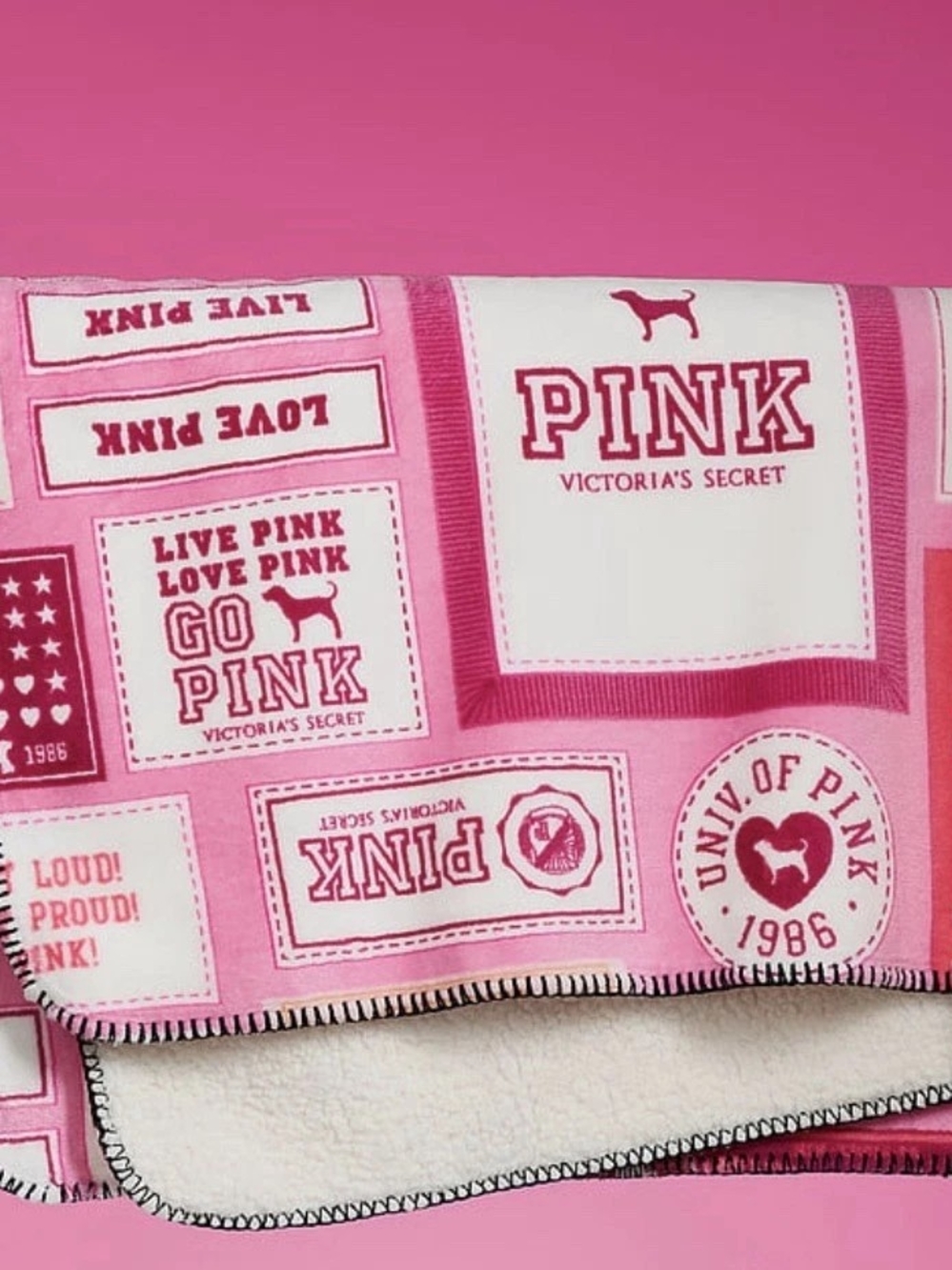 PINK Victoria's Secret Pink & Cream Logo Patchwork Sherpa Throw